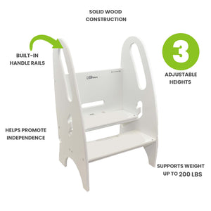 Features of the 3-in-1 Growing Step Stool include 3 adjustable heights, built in hand rails, and sturdy steps that hold up to 200 lbs.